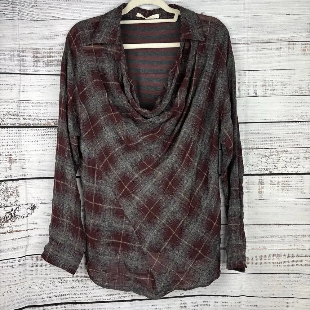 Burning Torch Womens Sz M Red‎ Gray Tartan Plaid Cowl Neck Top Tunic Wool Blend